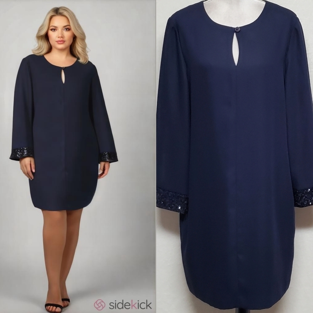 Donna Ricco 90s Vintage Navy Blue Crepe Sequin Keyhole Plus Size Midi Dress 14